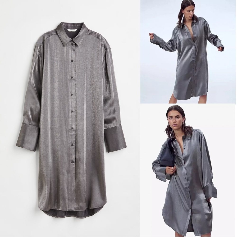 H&M Shimmering Silver Long Sleeve Shirt Dress, Small